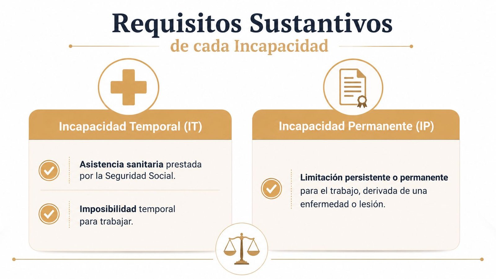 Infografía que muestra los requisitos sustanciales para la incapacidad temporal y la incapacidad permanente en España.