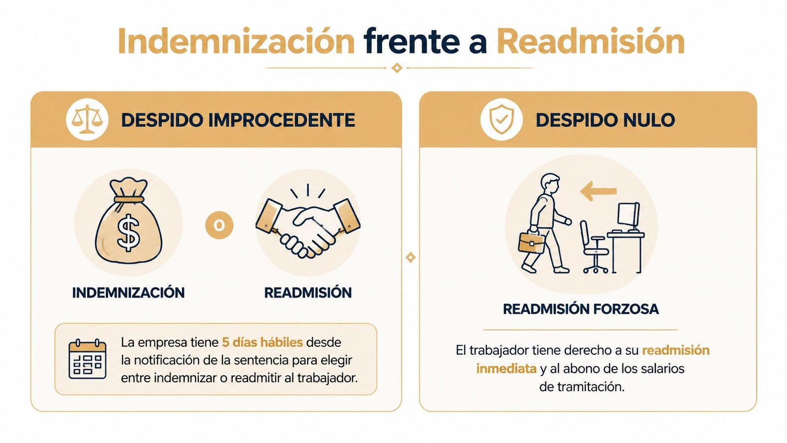 Infografía comparativa sobre las diferencias entre el despido improcedente y el despido nulo en el ámbito laboral.
