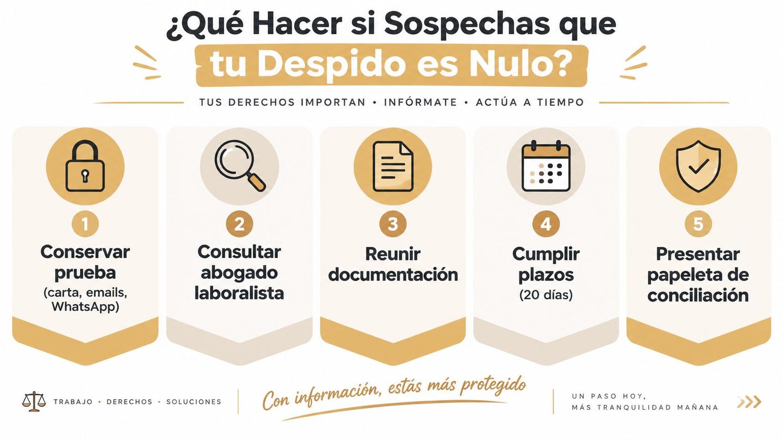 Infografía sobre los pasos a seguir cuando sospechas que un despido laboral es nulo e ilegal.