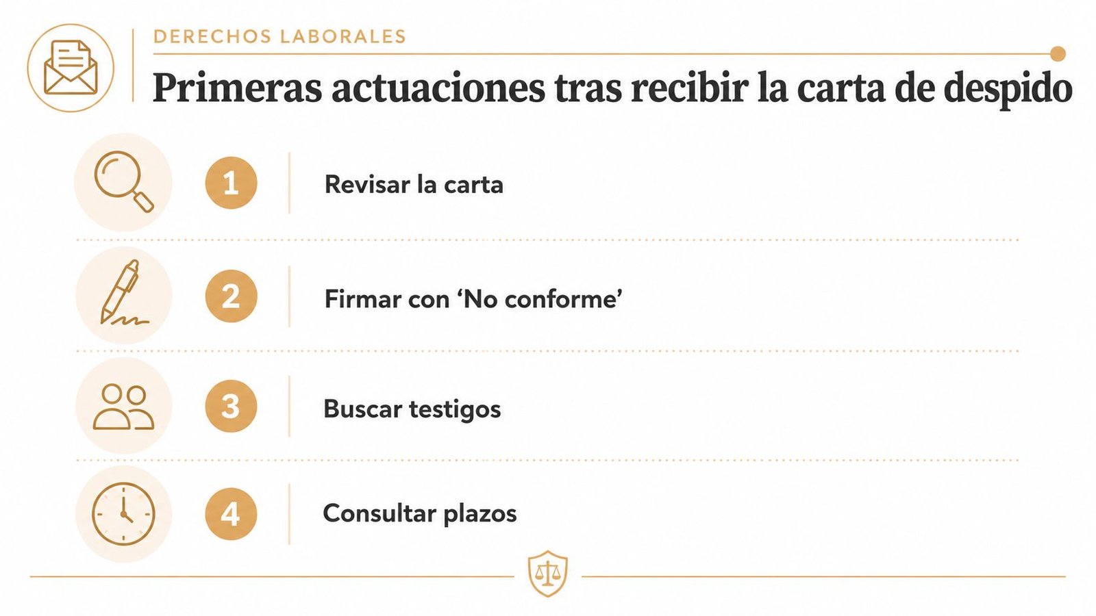 Infografía con cuatro pasos recomendados para los trabajadores tras recibir una carta de despido formal.