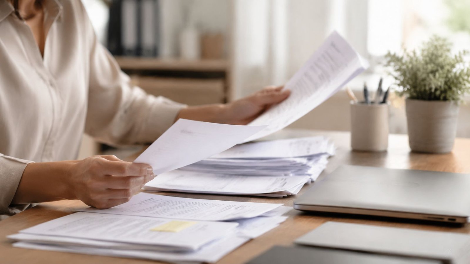 Una persona sentada en su oficina revisando cuidadosamente una pila de documentos importantes sobre su escritorio.