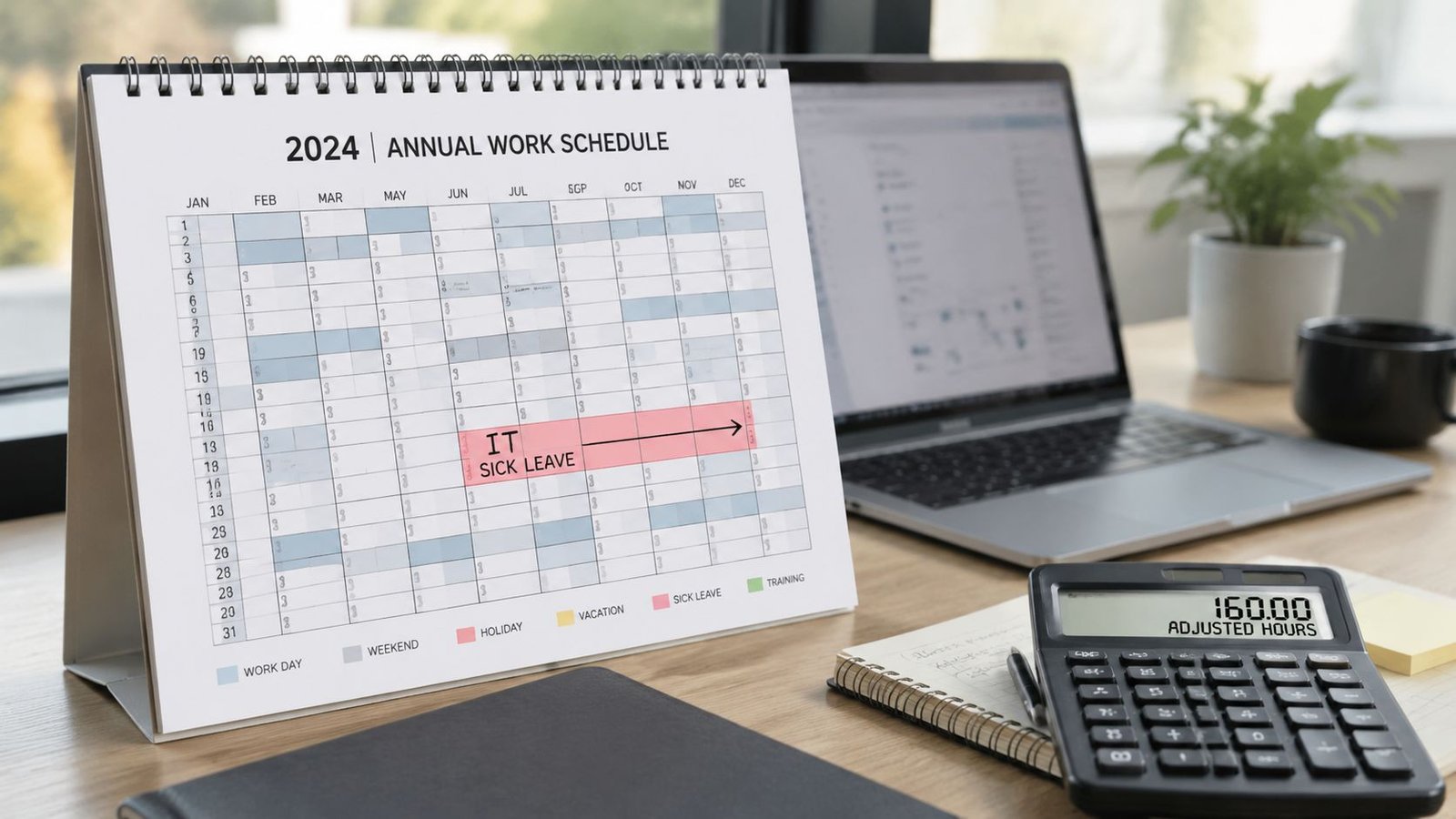 Calendario de trabajo anual de 2024 junto a una computadora portátil y una calculadora en un escritorio.