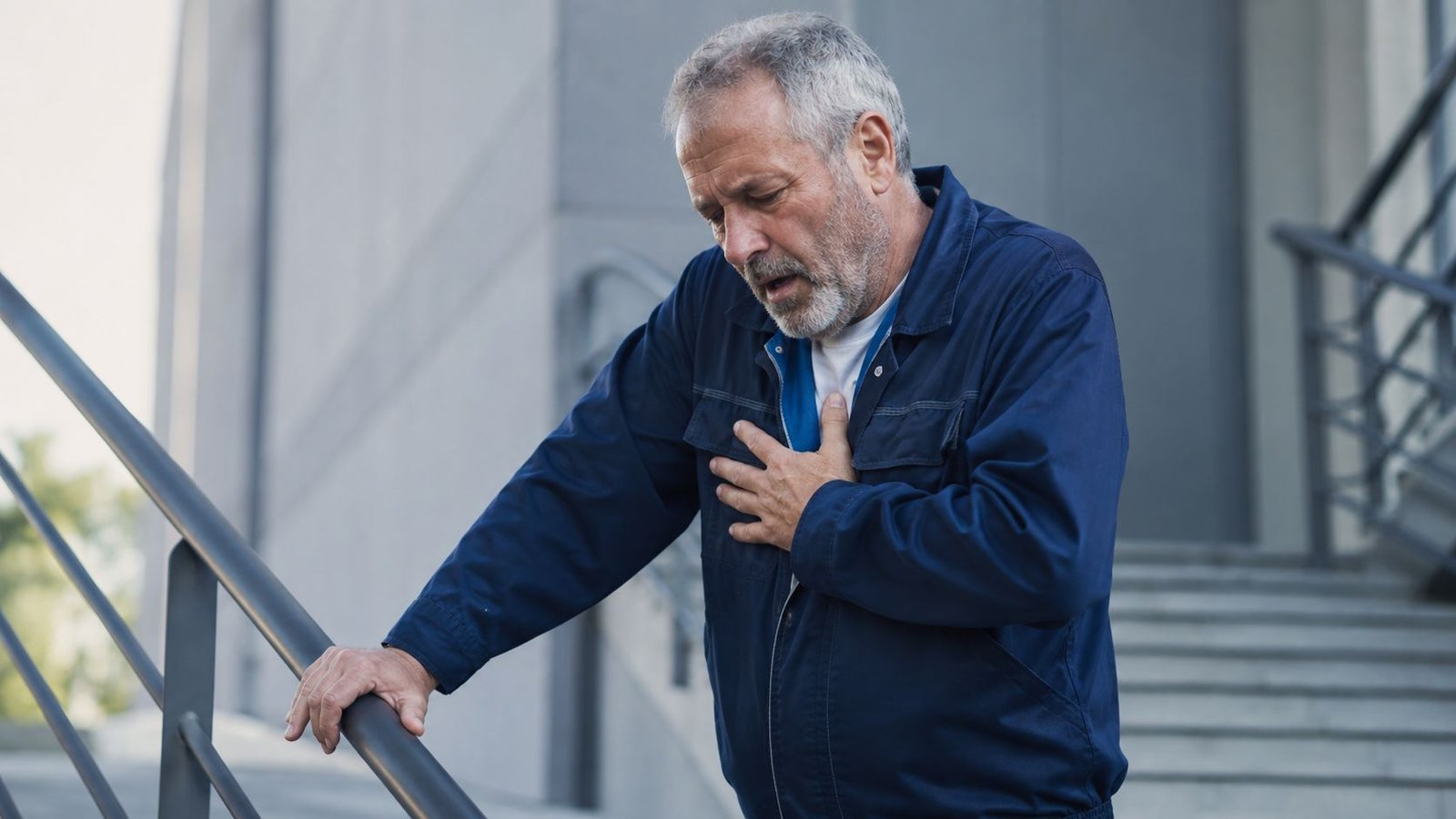 Hombre mayor con uniforme azul sufriendo un ataque al corazón mientras se apoya en una barandilla.