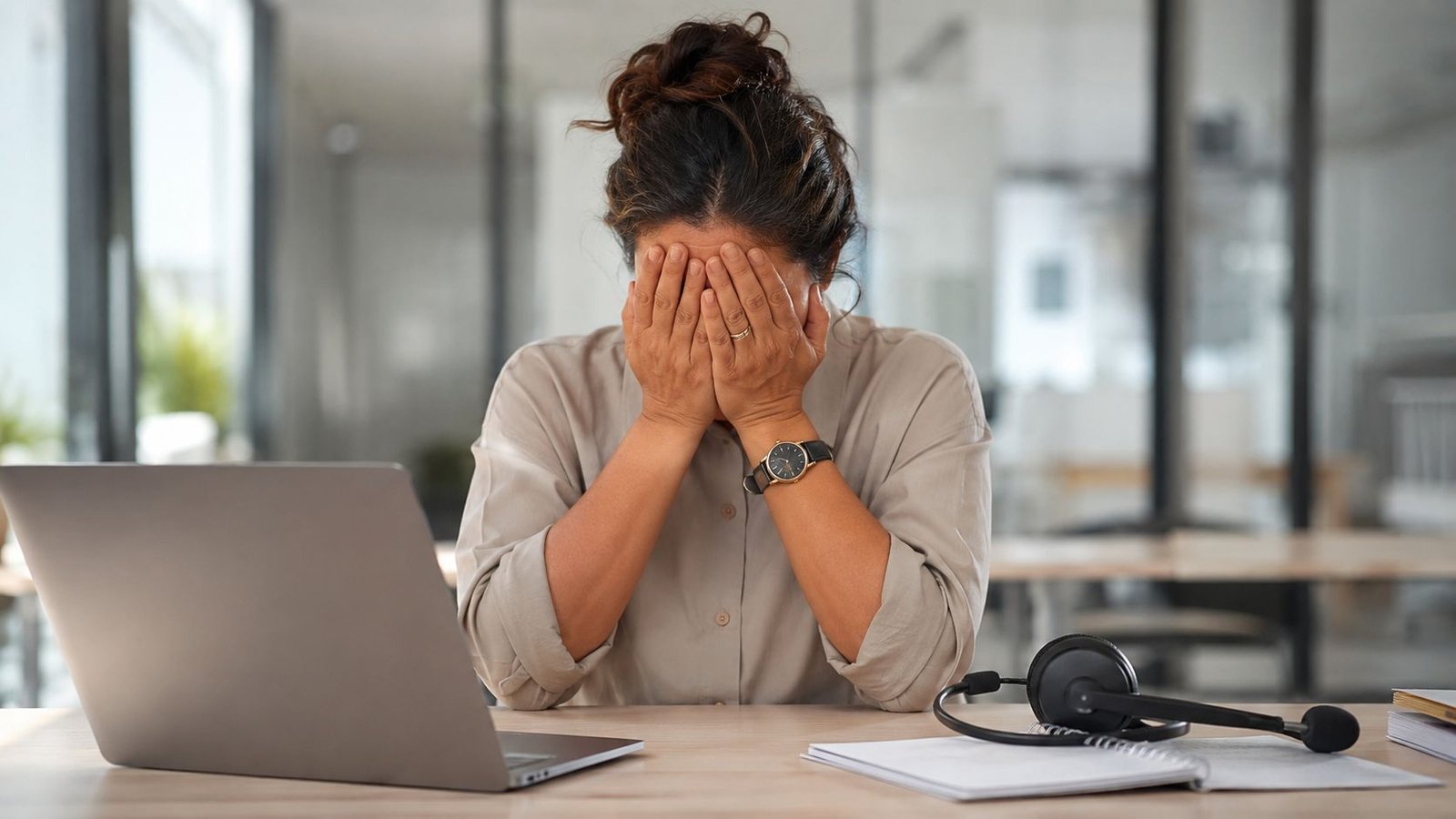 Una mujer estresada trabajando en su oficina se cubre la cara con las manos frente a su computadora