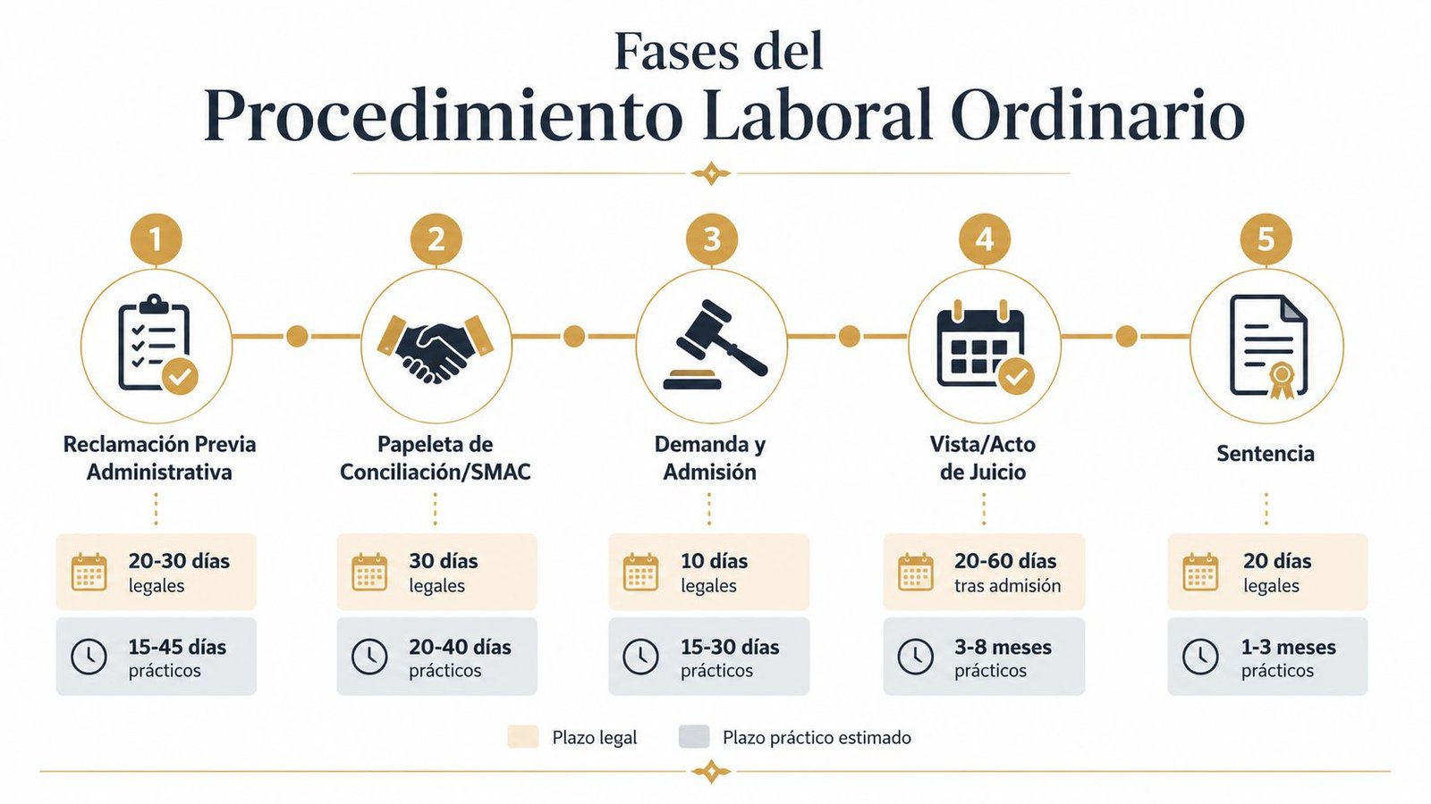 Infografía detallada que explica las fases y plazos legales y prácticos del procedimiento laboral ordinario en España.