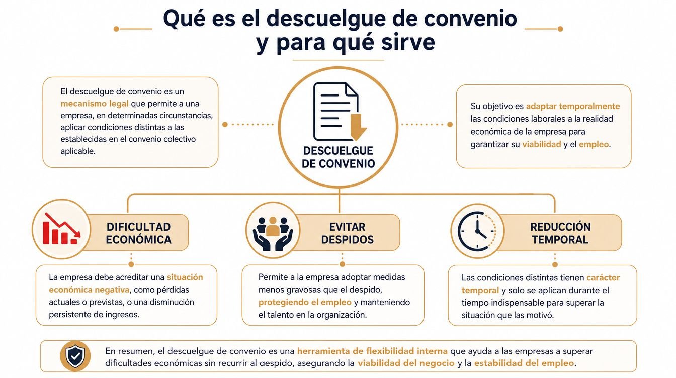 Infografía sobre el descuelgue de convenio, sus objetivos, causas principales y su función en las empresas.