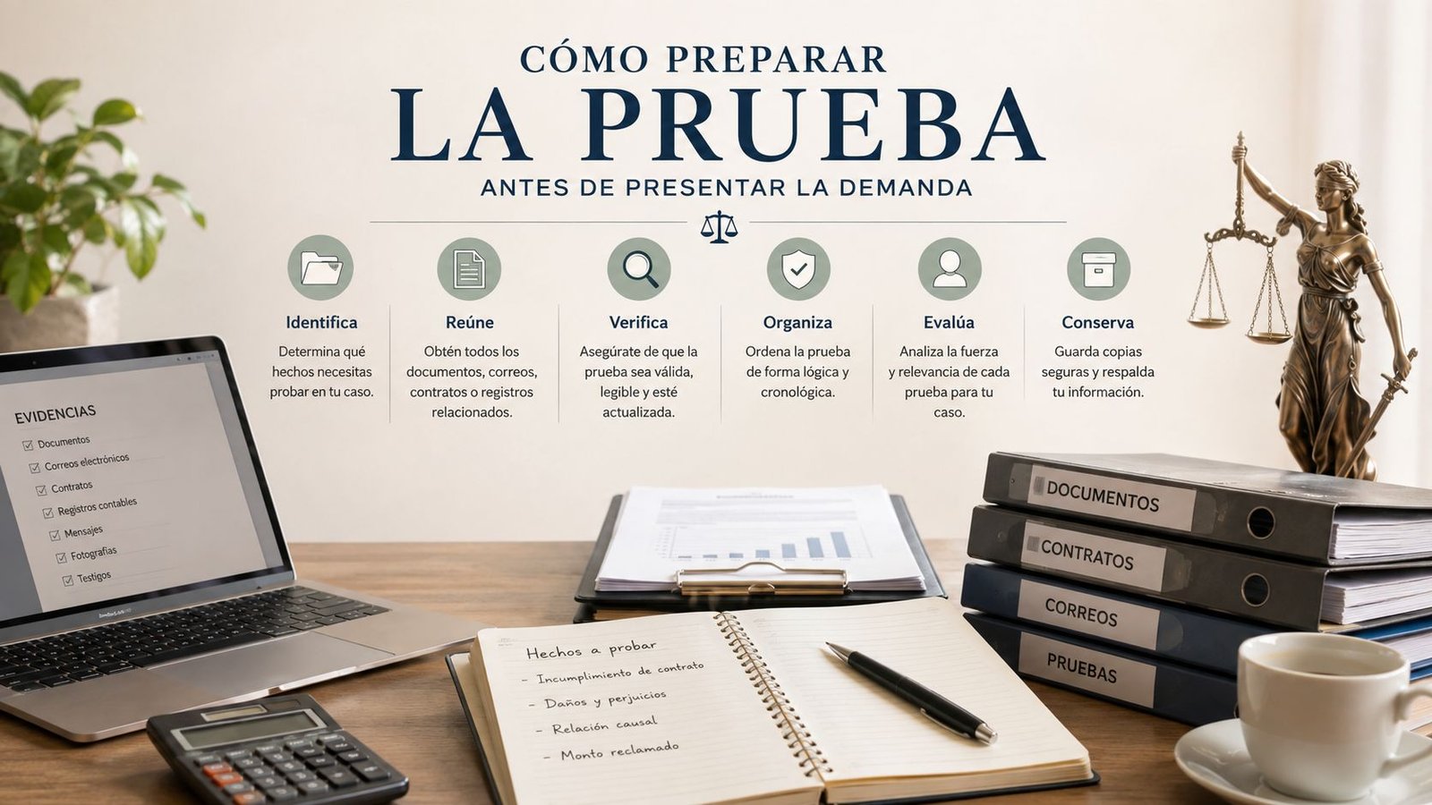 Infografía sobre cómo preparar pruebas documentales antes de presentar una demanda legal en un escritorio de oficina.