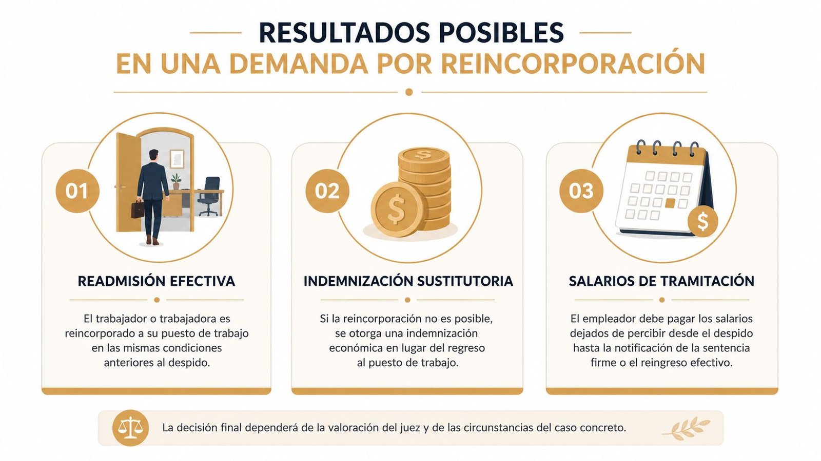 Infografía sobre posibles resultados legales en una demanda por reincorporación tras un despido laboral.