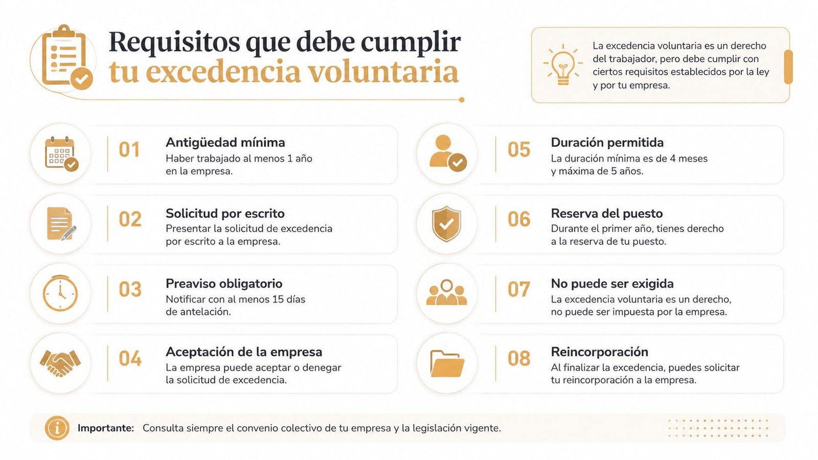 Infografía sobre los requisitos legales para solicitar una excedencia voluntaria en el ámbito laboral español.