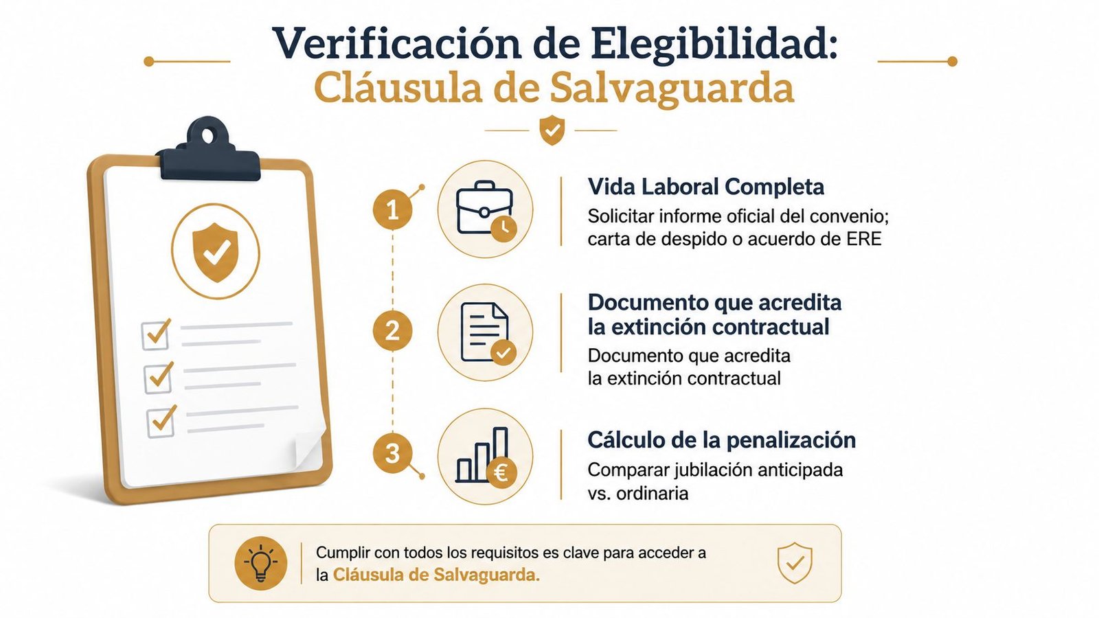 Infografía sobre los requisitos de elegibilidad y documentación necesaria para acceder a la Cláusula de Salvaguarda.
