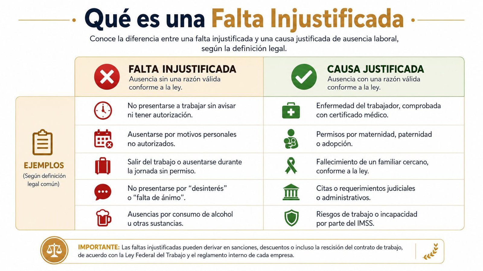 Infografía sobre qué constituye una falta injustificada en el trabajo frente a una causa justificada legalmente.