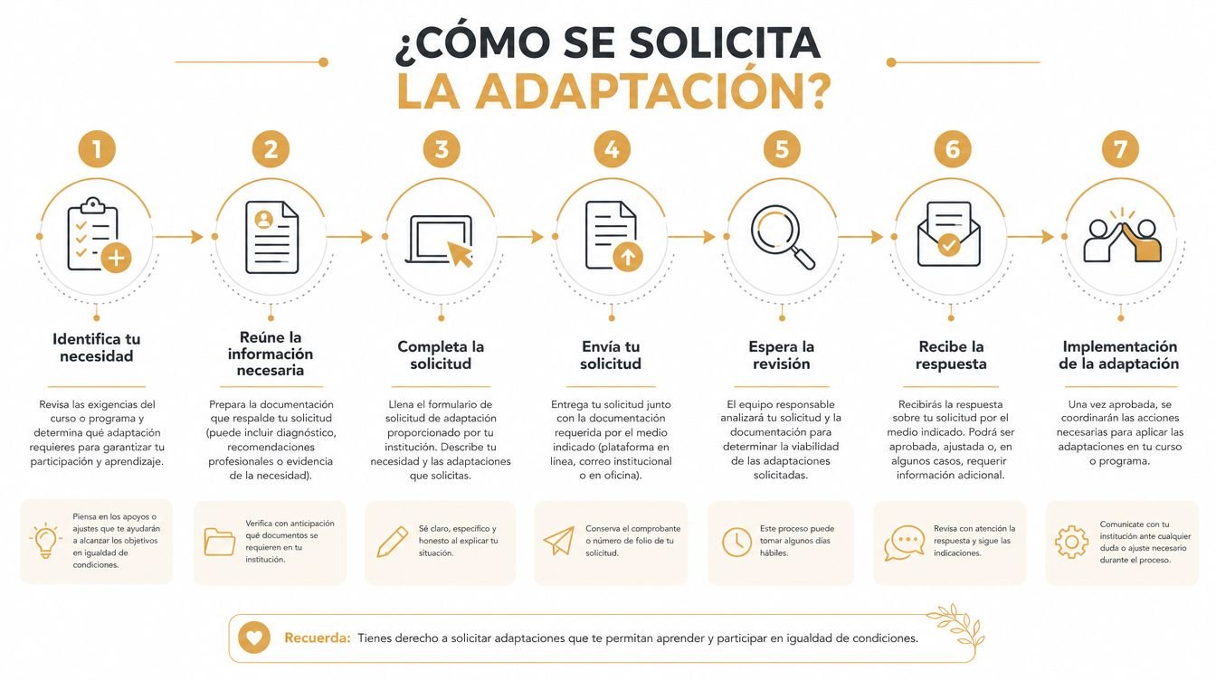 Infografía paso a paso que explica el proceso institucional para solicitar adaptaciones educativas o laborales.