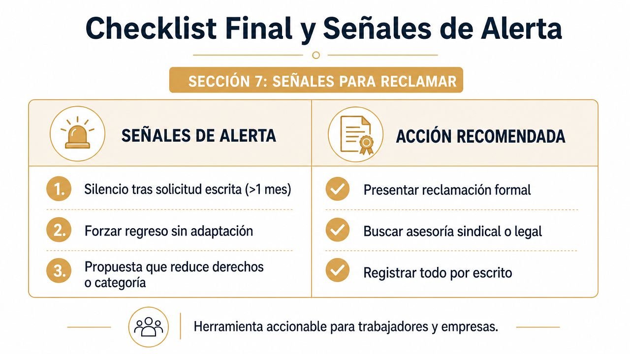 Tabla informativa sobre señales de alerta y acciones recomendadas para reclamos laborales sobre adaptación de puesto.