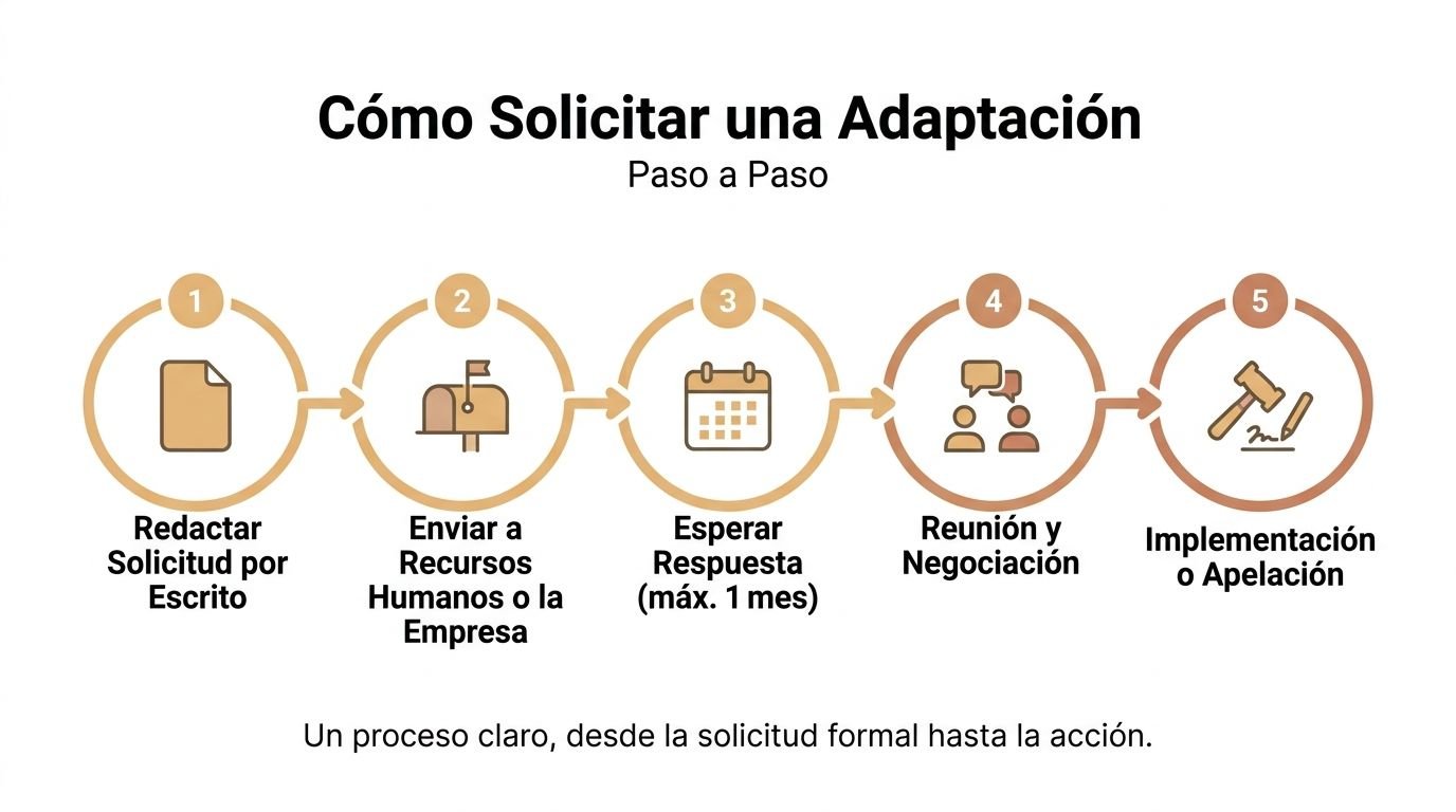 Infografía paso a paso sobre cómo solicitar formalmente una adaptación en el entorno laboral.