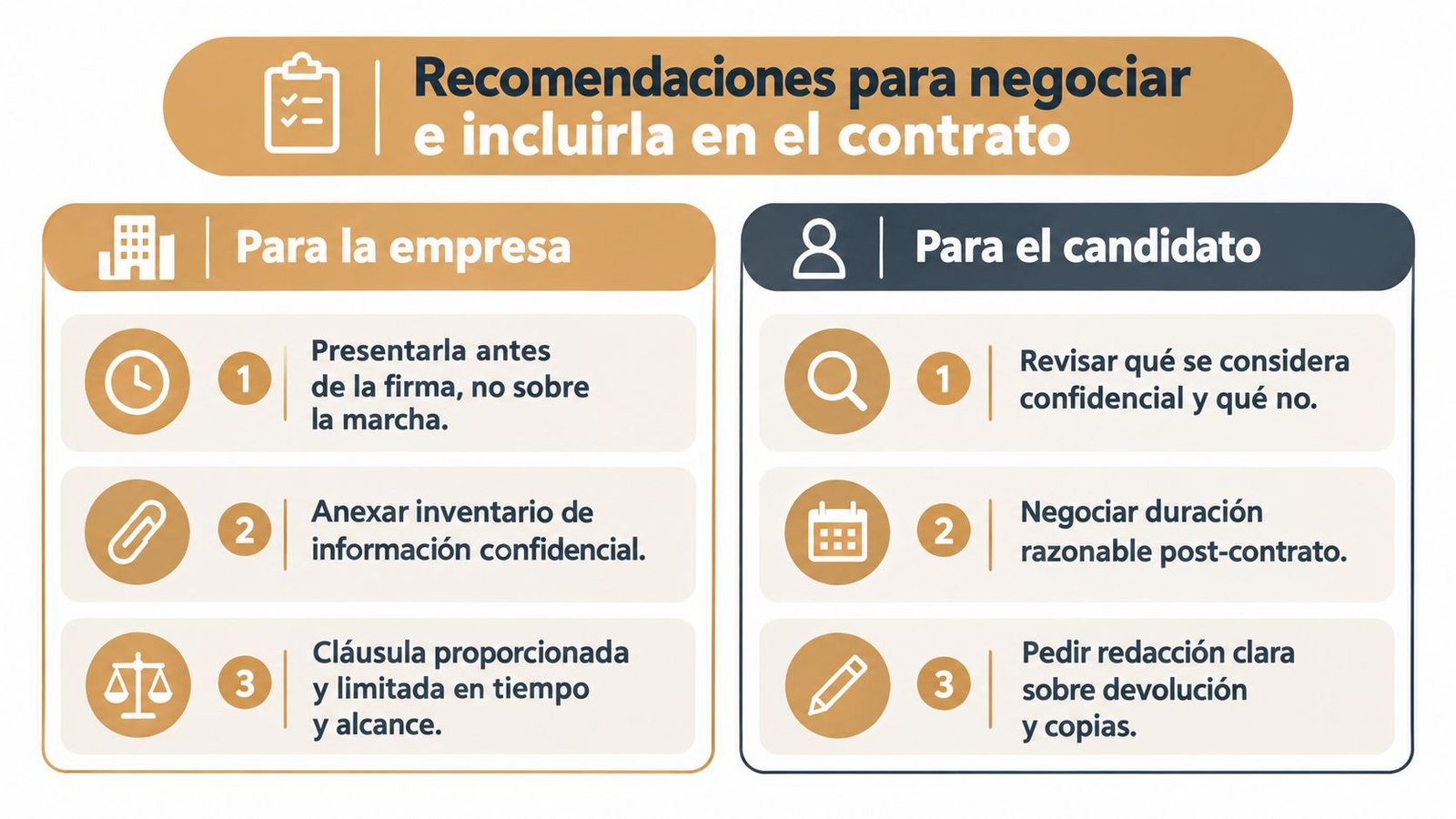 Infografía con recomendaciones para negociar e incluir la cláusula de confidencialidad en un contrato laboral profesional.