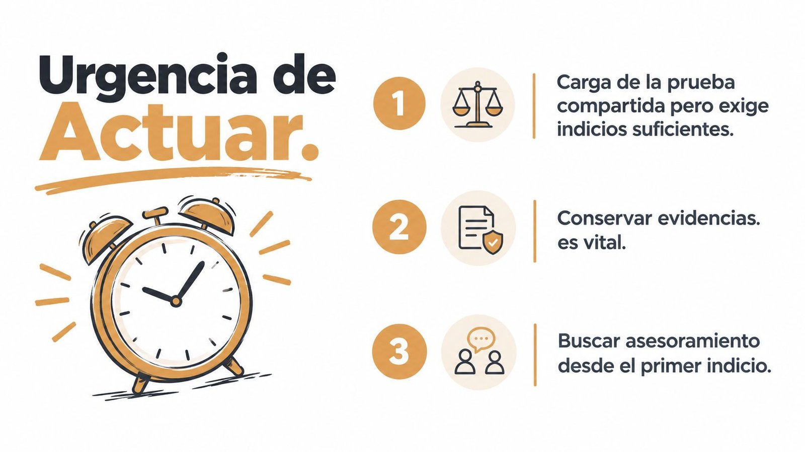 Una infografía sobre la urgencia de actuar ante casos de discriminación con pasos numerados y un despertador.
