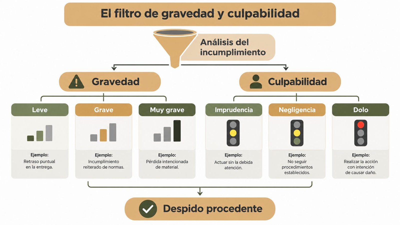 Diagrama de flujo sobre el filtro de gravedad y culpabilidad para determinar las causas del despido disciplinario.