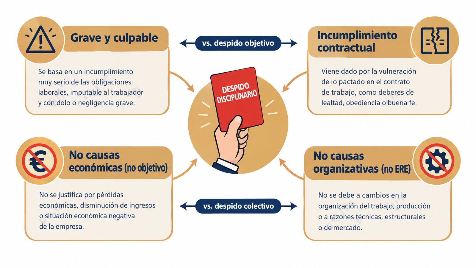 Infografía sobre las causas del despido disciplinario destacando el incumplimiento contractual frente al despido objetivo y colectivo.