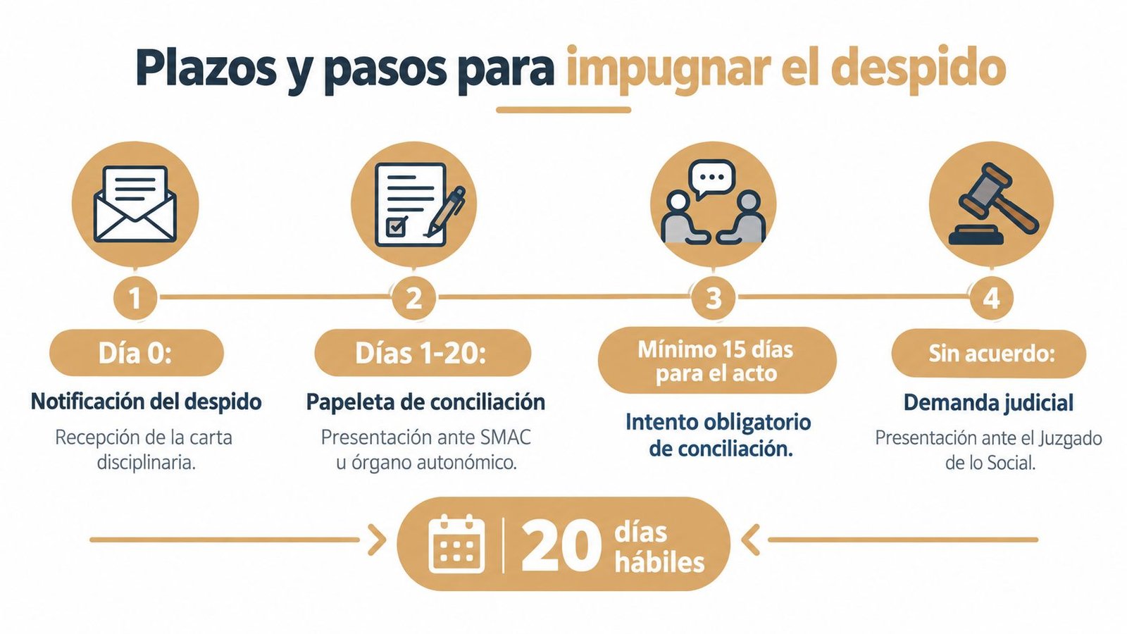 Infografía sobre los plazos y pasos legales obligatorios para impugnar un despido disciplinario en España.