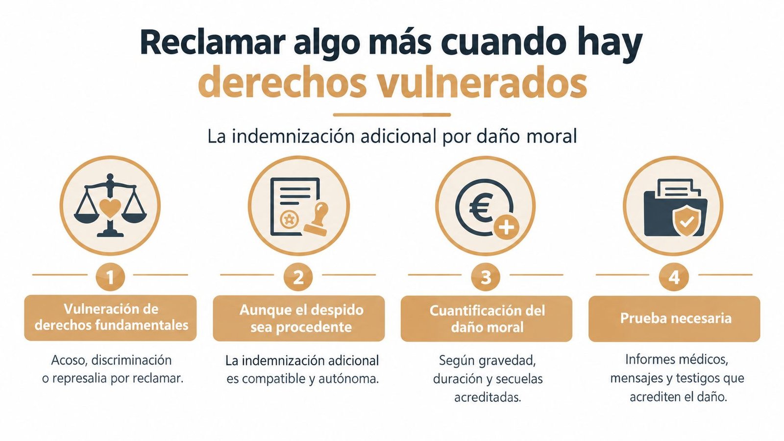 Infografía sobre cómo solicitar una indemnización adicional por daños morales ante la vulneración de derechos fundamentales.