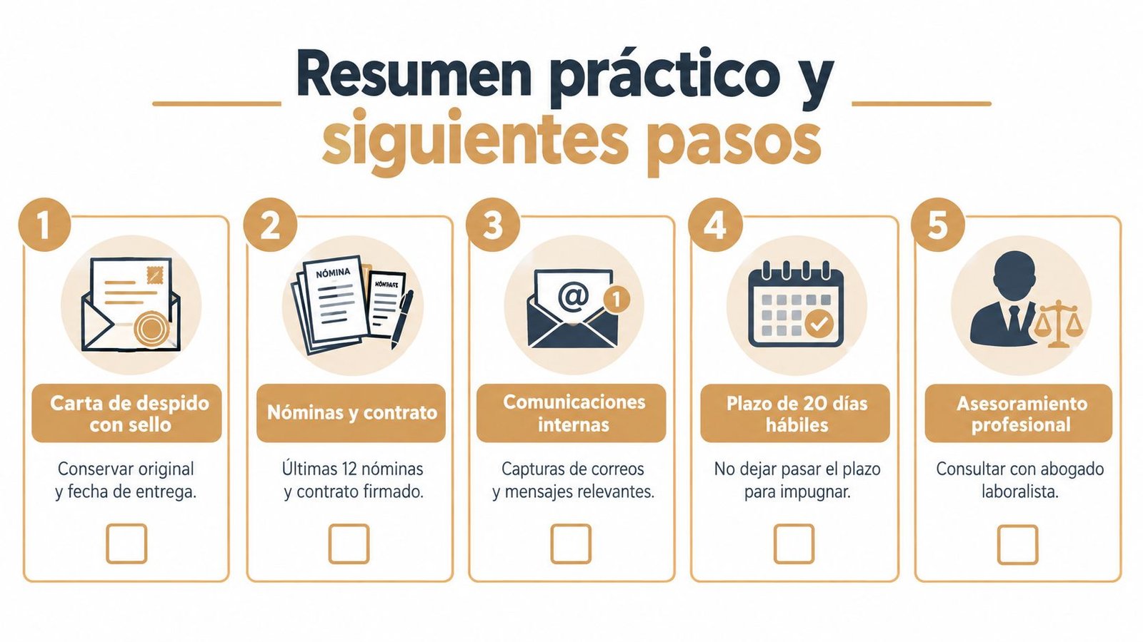 Infografía con cinco pasos fundamentales para gestionar un despido laboral y los documentos necesarios para impugnarlo.