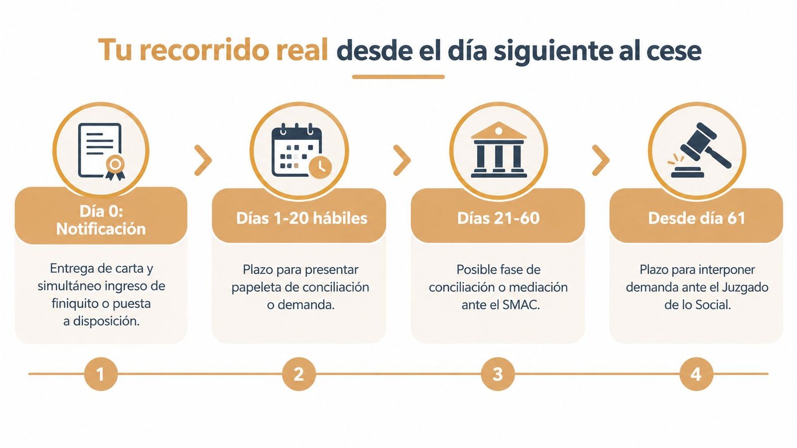 Infografía que explica los plazos legales tras un cese laboral, desde la notificación hasta la demanda judicial.