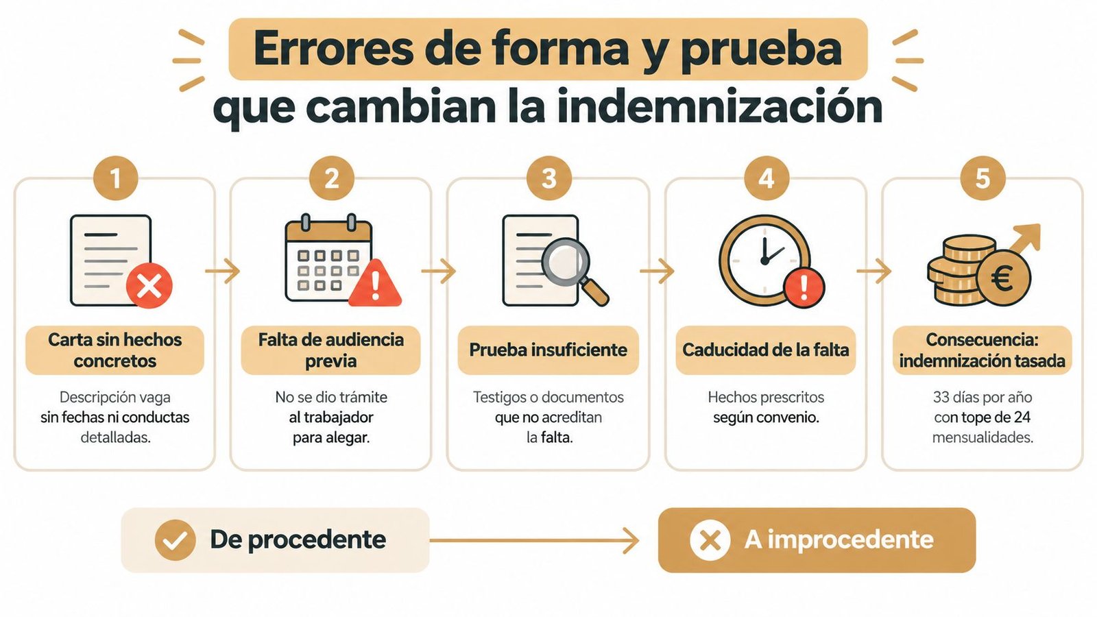 Infografía sobre los errores formales y probatorios que pueden convertir un despido procedente en improcedente legalmente.