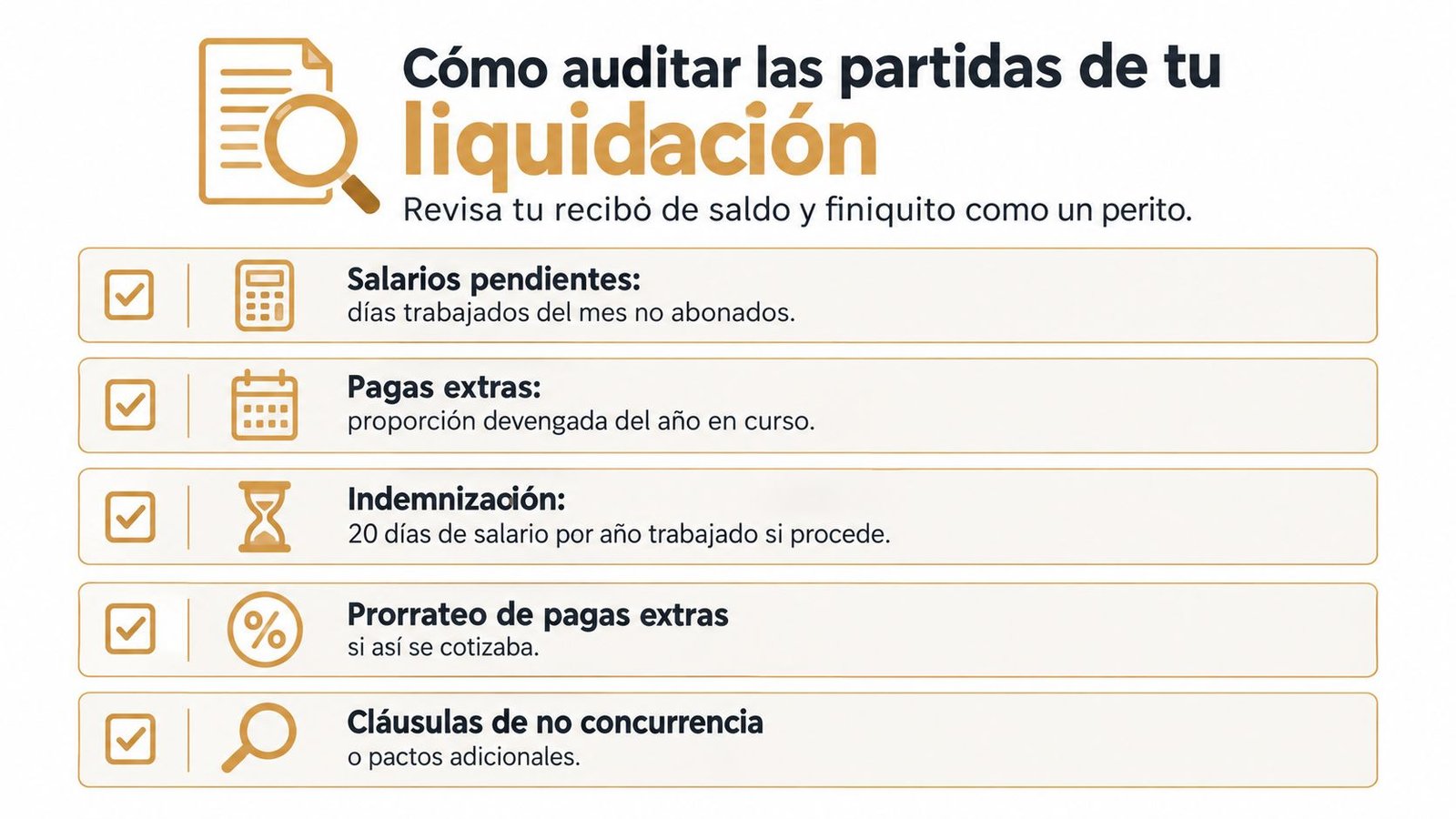 Infografía sobre cómo auditar las partidas de una liquidación o finiquito laboral paso a paso