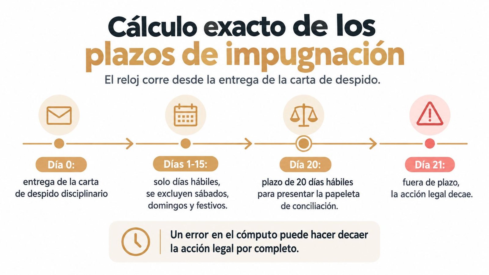 Infografía sobre el cálculo exacto de los plazos legales para impugnar un despido disciplinario en días hábiles.