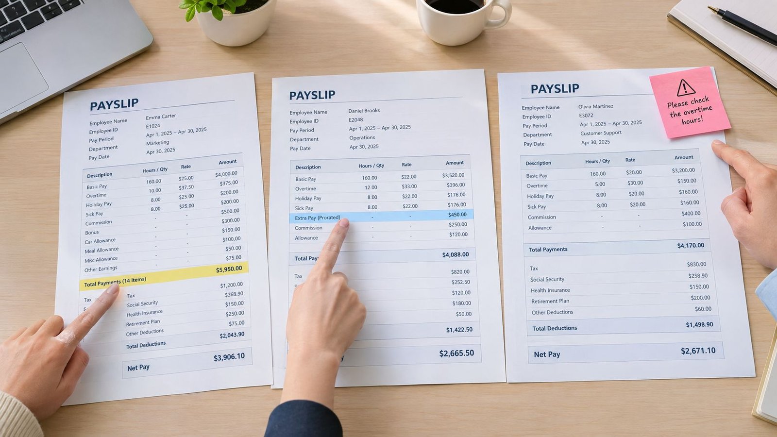 Tres personas revisan nóminas detalladas con cálculos de salarios y deducciones sobre una mesa de madera.