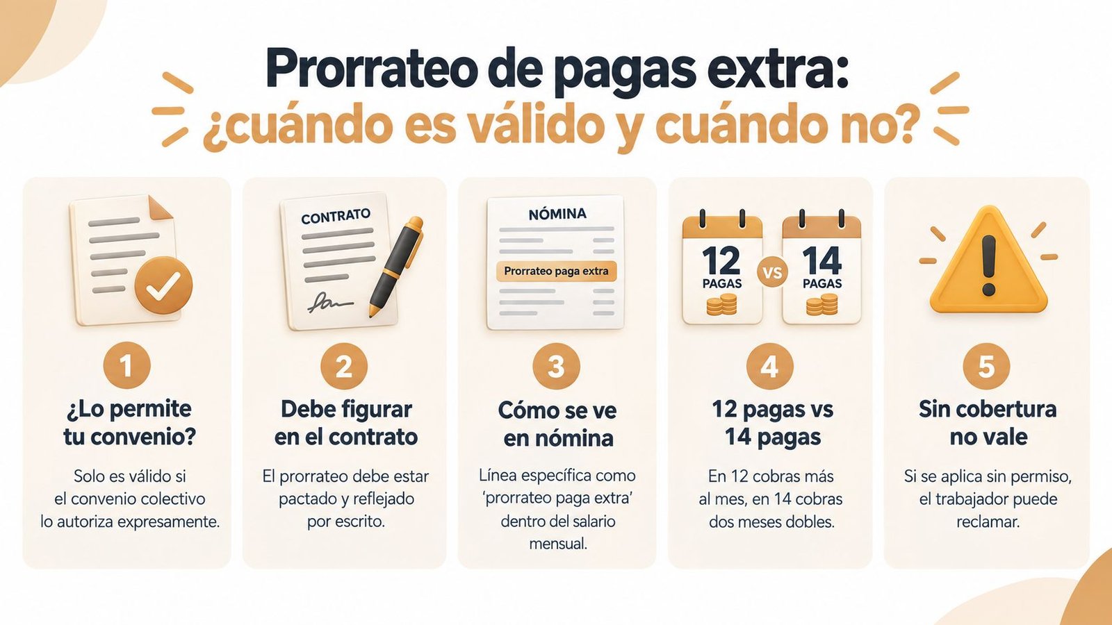 Infografía sobre el prorrateo de pagas extra: condiciones legales, contrato, nómina y derechos laborales del trabajador.