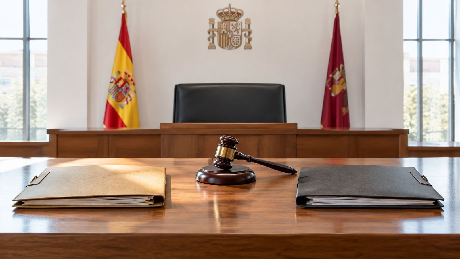 Un mazo de juez y dos carpetas sobre una mesa de madera en una sala de justicia española