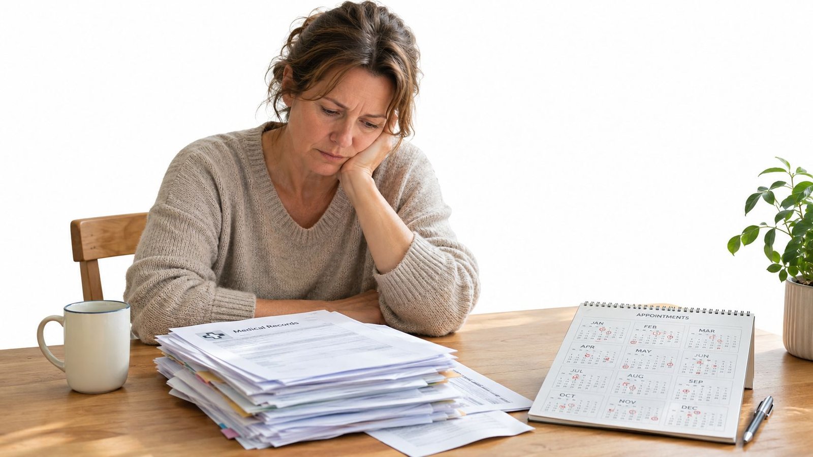 Mujer preocupada revisando una gran pila de expedientes médicos junto a un calendario de citas médicas.