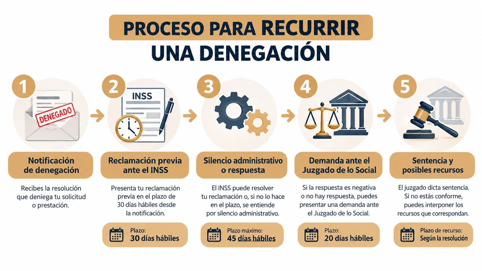Infografía que explica los cinco pasos del proceso administrativo para recurrir la denegación de una solicitud o prestación.