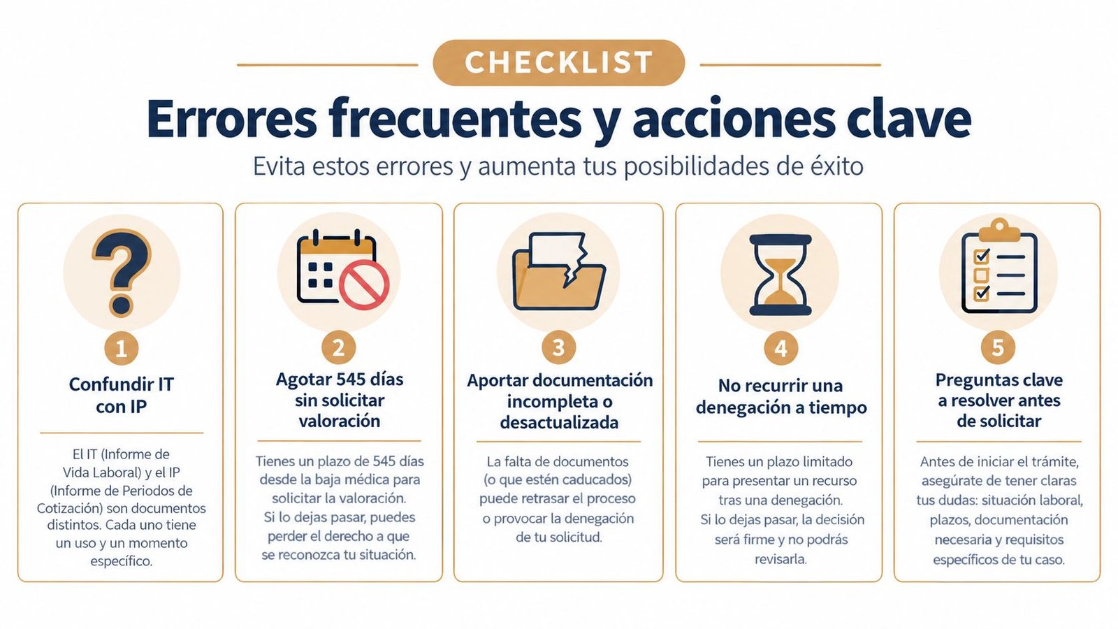 Infografía con una lista de verificación de errores comunes y consejos clave para trámites de incapacidad permanente.