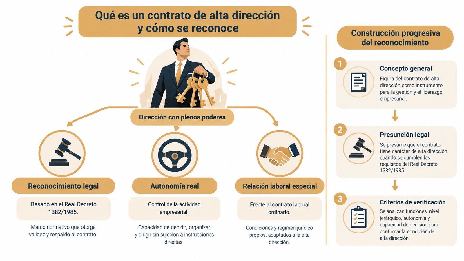 Infografía sobre el concepto, requisitos y reconocimiento legal de los contratos de alta dirección en España.