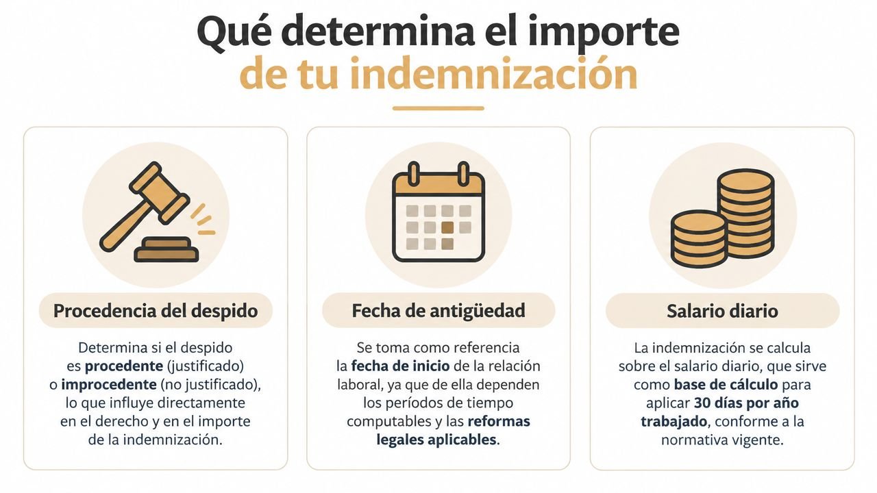 Infografía sobre los tres factores principales que determinan el cálculo de la indemnización por despido laboral.