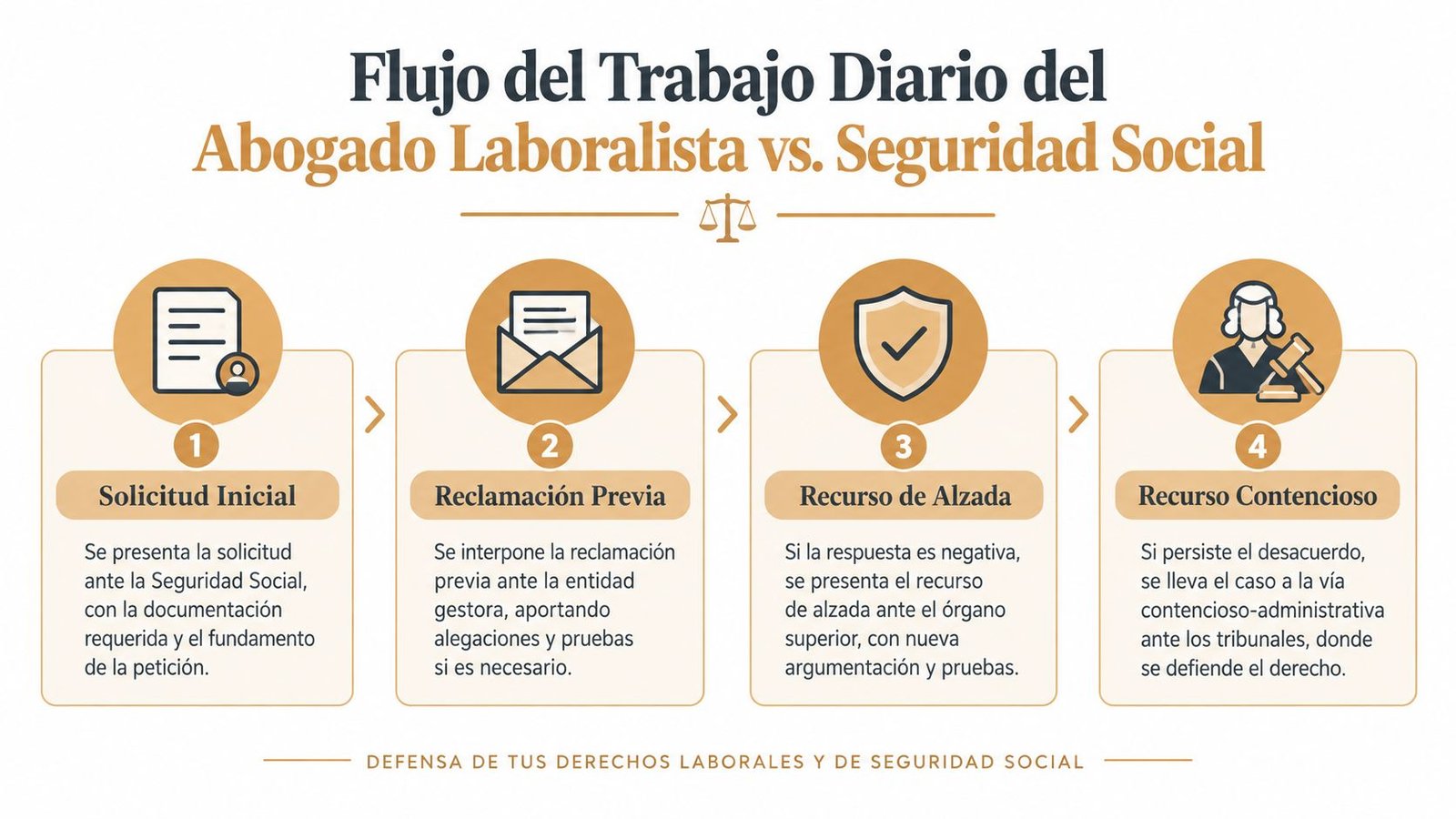 Infografía sobre el flujo de trabajo legal frente a la Seguridad Social en cuatro pasos fundamentales.
