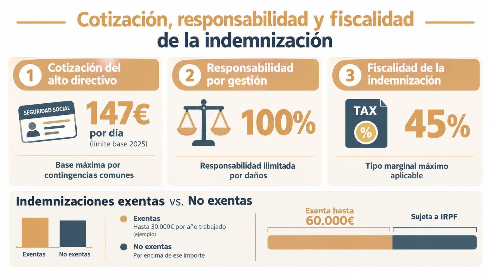 Infografía sobre la cotización, responsabilidad y fiscalidad de las indemnizaciones en contratos de alta dirección.