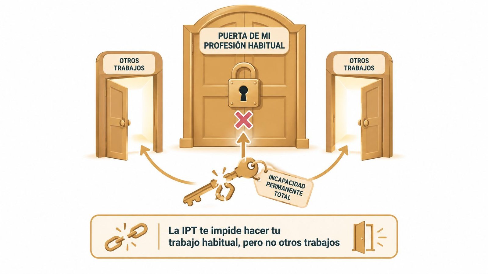 Representación gráfica que explica la incapacidad permanente total y sus efectos en el trabajo habitual y otros.