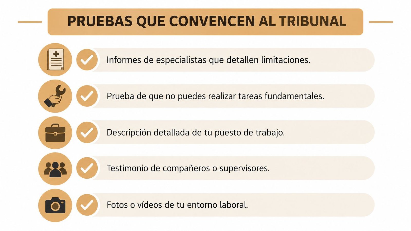 Lista de pruebas documentales y testimoniales necesarias para demostrar una incapacidad permanente total ante un tribunal español.