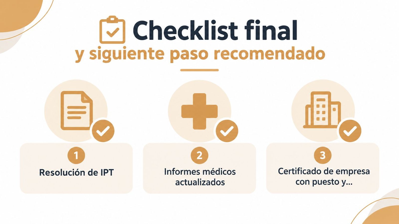 Lista de verificación final con tres pasos esenciales para el proceso de reincorporación tras incapacidad permanente total.