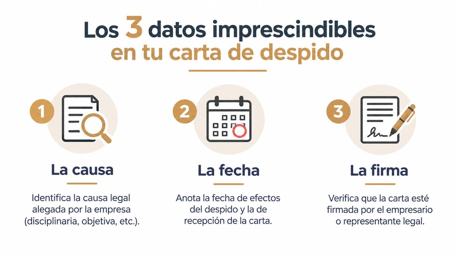 Infografía sobre los tres elementos indispensables que debe incluir una carta de despido laboral correctamente redactada.