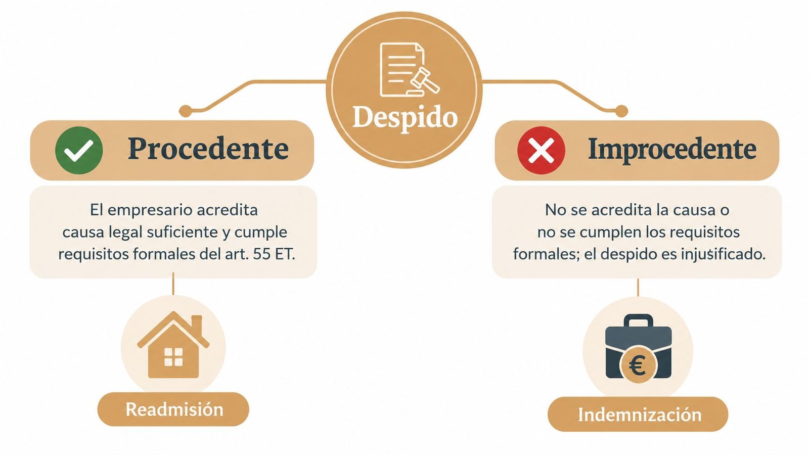 Diagrama comparativo sobre los tipos de despido, diferenciando entre despido procedente e improcedente y sus consecuencias legales.