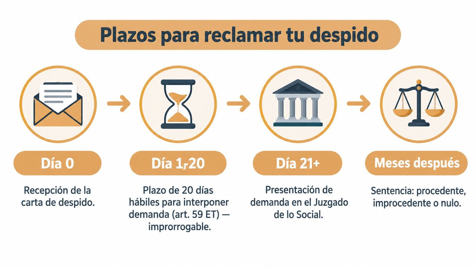 Infografía sobre los plazos legales para reclamar un despido laboral desde la recepción de la carta.