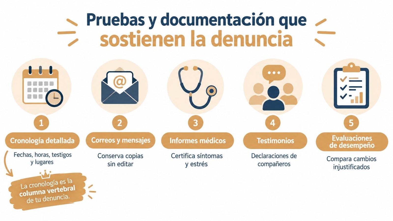 Infografía sobre pruebas y documentación esenciales para sustentar una denuncia por acoso laboral en el trabajo.