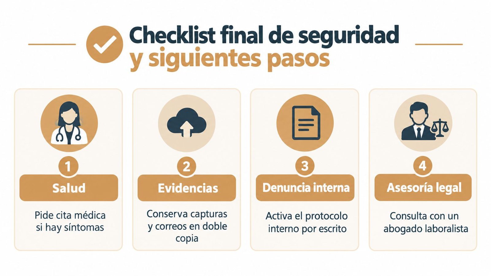 Infografía con un checklist de cuatro pasos para actuar frente a situaciones de acoso laboral.