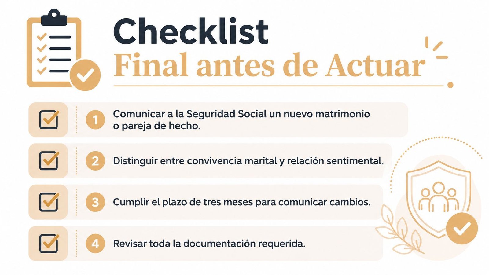 Lista de verificación sobre la pensión de viudedad y la notificación de convivencia ante la Seguridad Social.