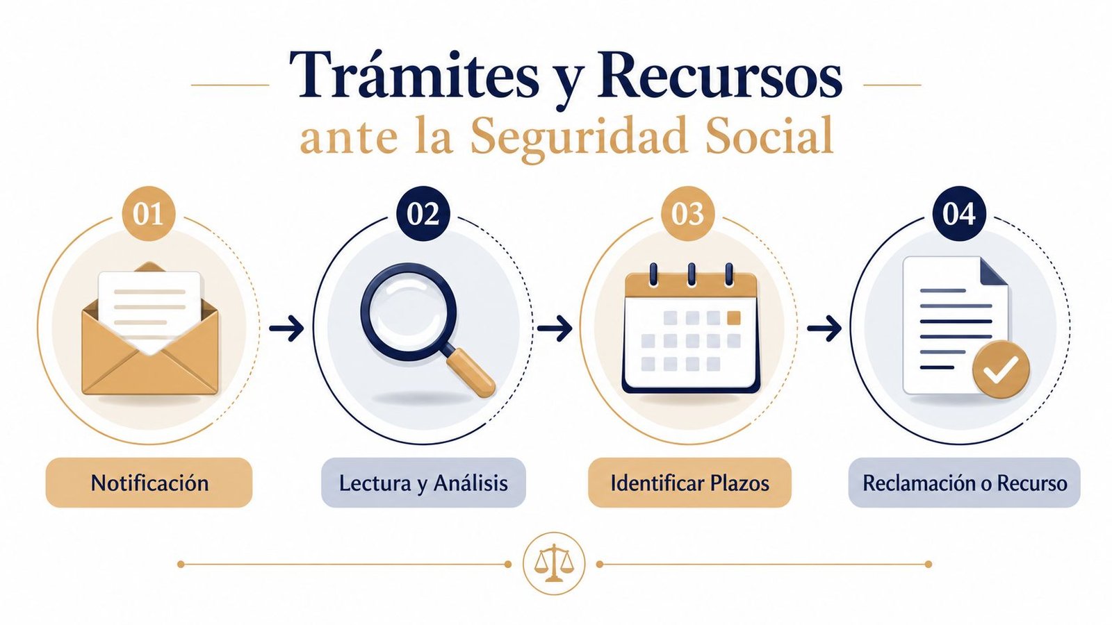Proceso de cuatro pasos sobre trámites y recursos administrativos frente a notificaciones de la Seguridad Social española.