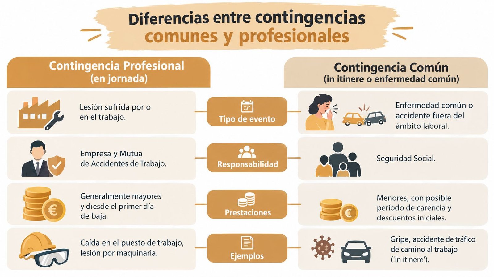 Infografía comparativa que muestra las diferencias clave entre contingencias profesionales y comunes en el ámbito laboral español.